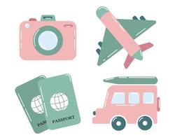 jeu d'icônes, tourisme et voyages, avion, appareil photo, passeports et bus. couleurs rose-vert. illustrations, autocollants