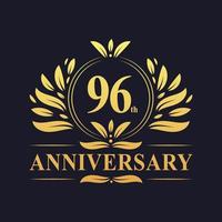 Conception du 96e anniversaire, logo luxueux du 96e anniversaire de couleur dorée. vecteur