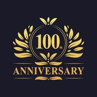 Conception du 100e anniversaire, logo luxueux du 100e anniversaire de couleur dorée. vecteur