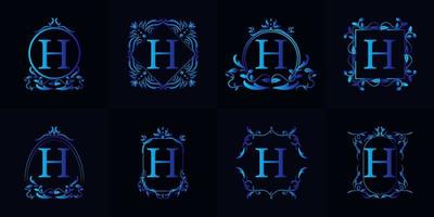 logo h initial avec ornement de luxe ou cadre fleuri, collection de jeux. vecteur