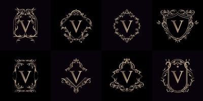 collection de logo initial v avec ornement de luxe ou cadre fleuri vecteur