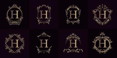 logo h initial avec ornement de luxe ou cadre fleuri, collection de jeux. vecteur