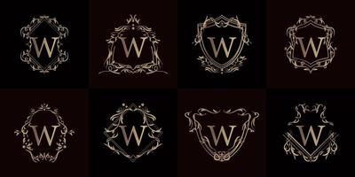 logo initial w avec ornement de luxe ou cadre fleuri, collection de jeux. vecteur