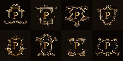 collection de logo initial p avec ornement de luxe ou cadre fleuri vecteur