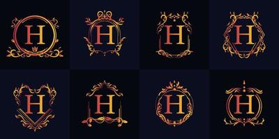 logo h initial avec ornement de luxe ou cadre fleuri, collection de jeux. vecteur