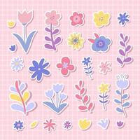 ensemble d'autocollants avec des fleurs et des feuilles dans un style doodle avec un contour blanc isolé sur un joli fond à carreaux roses. vecteur