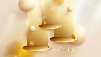 fond de luxe avec podium d'affichage de produit et élément de boule d'or 3d et décoration à effet de flou et lumière scintillante et bokeh. vecteur