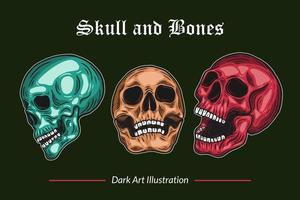 ensemble tête de crâne d'art sombre et os collection vintage d'horreur pour tatouage et t-shirt dessinés à la main vecteur