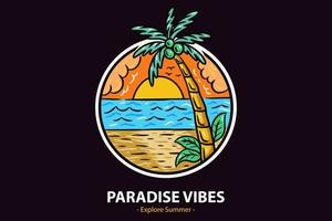 badges de l'heure d'été avec coucher de soleil et cocotier vague et paradis de l'île paradisiaque de la plage de surf