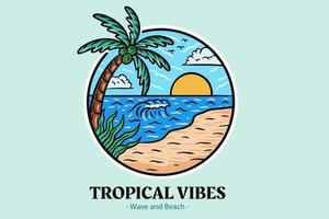badges de l'heure d'été avec coucher de soleil et cocotier vague et paradis de l'île paradisiaque de la plage de surf