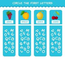 entourez les premières lettres des fruits du dessin animé. jeu de correspondance. jeu éducatif pour les enfants d'âge préscolaire et les tout-petits vecteur