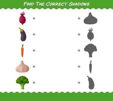 trouver les ombres correctes des légumes de dessin animé. jeu de recherche et d'association. jeu éducatif pour les enfants d'âge préscolaire et les tout-petits vecteur