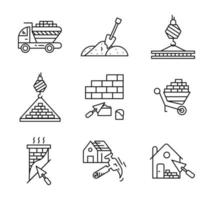 processus de réparation de toit de maison, plâtrage de cheminée, construction de maison et jeu d'icônes de transport de briques. icône architecturale. ensemble d'illustrations vectorielles d'art. ensemble de lignes modifiable. jeu d'icônes linéaires. vecteur