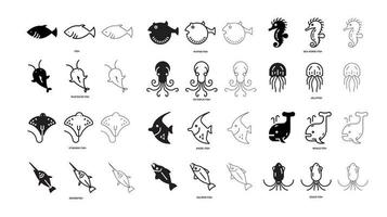 différents types de jeu d'icônes de ligne de poisson. ces icônes incluent le jeu d'icônes de poisson mince, gras et silhouette. ligne modifiable. icône de poisson. modèle de logo de poisson. club de pêche ou icône de vecteur créatif web en ligne.