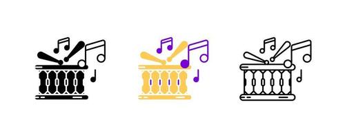 jeu d'icônes de batterie et de notes de musique. icône de divertissement et de musique. ensemble d'illustrations vectorielles d'art. ensemble de lignes modifiable. silhouette, jeu d'icônes colorées et linéaires. vecteur