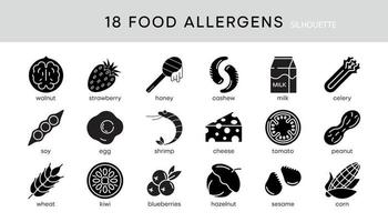 Jeu d'icônes d'allergie alimentaire 18s. allergènes essentiels et ensemble de vecteurs d'icônes de ligne de régime. isolé sur fond blanc. jeu d'icônes de ligne modifiable moderne. la conception du logo de votre application mobile Web.