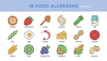 Jeu d'icônes d'allergie alimentaire 18s. allergènes essentiels et ensemble de vecteurs d'icônes de ligne de régime. isolé sur fond blanc. jeu d'icônes de couleur modifiable moderne. la conception du logo de votre application mobile Web. vecteur