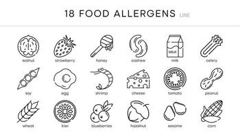 Jeu d'icônes d'allergie alimentaire 18s. allergènes essentiels et ensemble de vecteurs d'icônes de ligne de régime. isolé sur fond blanc. jeu d'icônes de ligne modifiable moderne. la conception du logo de votre application mobile Web. vecteur