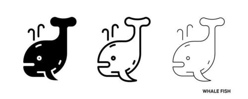 jeu d'icônes de ligne de poisson baleine. ces icônes incluent un jeu d'icônes de poisson baleine mince, épais et silhouette. ligne modifiable. icône de poisson. modèle de logo de poisson. symbole de vecteur créatif du club de pêche ou de la boutique en ligne.