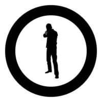 homme, à, fusil, silhouette, criminel, personne, concept, vue frontale, icône, noir, couleur, illustration, dans, cercle, rond vecteur