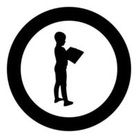 garçon lisant livre debout adolescent mâle avec livre ouvert dans ses mains mignon écolier lire prêt à retourner à l'école concept éducation apprentissage en ligne silhouette en cercle rond vecteur de couleur noire