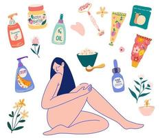 cosmétique femme et corps. la gamme de produits de toilette. soins de la peau, maquillage, choix de cosmétiques. produits de soins de la peau naturels et biologiques. illustrations vectorielles modernes isolées sur fond blanc. vecteur