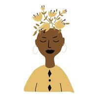 femme afro-américaine en harmonie avec elle-même. notion de santé mentale. illustration de vecteur dessiné main dessin animé isolé sur fond blanc