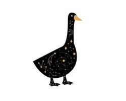 oie magique noire, symbole ésotérique de croissant de lune mystique, éléments de constellation. animal de compagnie noir sorcier. vecteur