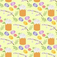 modèle sans couture avec illustration de pâques gâteau de pâques, oeuf et fleurs de printemps sur fond jaune vecteur