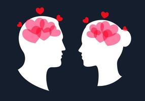 silhouette de tête de garçon et de fille avec cerveau cardiaque, symbole d'amour pour carte de voeux, mariage, vacances de la Saint-Valentin. illustration vectorielle. vecteur
