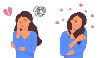 une fille triste déprimée et le cœur brisé, et une femme heureuse s'embrassant. illustration vectorielle de dessin animé.