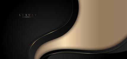 formes abstraites élégantes d'ondes noires 3d et éléments de lignes courbes dorées avec effet d'éclairage sur fond d'or vecteur