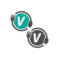 icône de fourchette et cuillère encerclant la création de logo lettre v vecteur