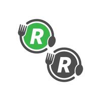 icône de fourchette et cuillère encerclant la création de logo lettre r vecteur