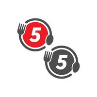 icône de fourchette et cuillère encerclant la création de logo numéro 5 vecteur