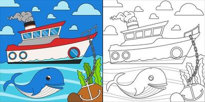 bateaux et baleines dans la mer adaptés à l'illustration vectorielle de la page de coloriage pour enfants