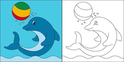 dauphin sautant jouer au ballon adapté à l'illustration vectorielle de la page de coloriage pour enfants vecteur