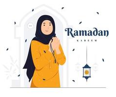 femme prie sur l'illustration du concept de ramadan kareem vecteur