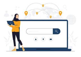 femme musulmane tenant un ordinateur portable et pointant vers le navigateur Web en ligne, les barres des moteurs de recherche, l'optimisation du référencement, l'illustration du concept