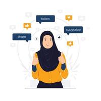 femme musulmane montrant comme le signe de la main, les commentaires, l'approbation du public, la joie, le succès, l'approbation, le bonheur et l'illustration du concept de symbole du pouce levé vecteur