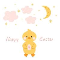 poulet kawaii mignon, caneton avec lune, étoiles et nuages. joyeuses Pâques. charmant clipart pour cartes postales, impressions, bannières, modèles, médias sociaux, web. illustration de dessin animé de vecteur. vecteur