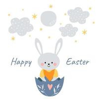 lapin mignon kawaii, lapin en coquille d'oeuf avec lune, étoiles et nuages. joyeuses Pâques. charmant clipart pour cartes postales, impressions, bannières, modèles, médias sociaux, web. illustration de dessin animé de vecteur. vecteur