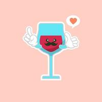 verre de vin rouge mignon et kawaii, création de personnage de dessin animé. mascotte d'alcool. verre transparent. illustration de vecteur plat isolé sur fond de couleur