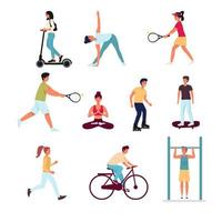 ensemble d'options isolé sur blanc. fille, gars faire du scooter, du skateboard, faire des exercices, courir, faire du vélo, jouer au tennis, tirer sur la barre horizontale. illustration vectorielle vecteur