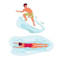 ensemble de fille nager sous l'eau pendant les vacances d'été sur blanc. femme nageuse en maillot de bain rouge et lunettes. dessin animé de vecteur plat. personnage de surfeur de vecteur avec planche de surf debout et à cheval sur la vague de l'océan