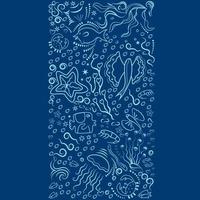 échantillon marin de poissons d'eau profonde, algues. monochrome, cadre pour bannières, publicité de produits marins, aquariums. silhouettes bleues sur fond blanc. placer sous le texte. illustration vectorielle vecteur