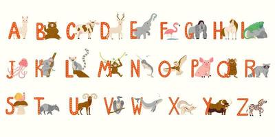 alphabet d'animaux mignons pour l'éducation des enfants. police vectorielle enfantine pour enfants livre abc avec des personnages animaux dessinés à la main vecteur