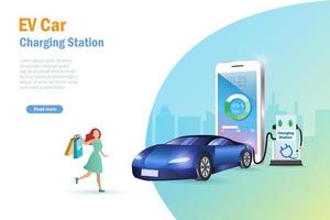 voiture ev, femme faisant du shopping en attendant le véhicule électrique chargeant la batterie à la station avec le statut du smartphone. vecteur