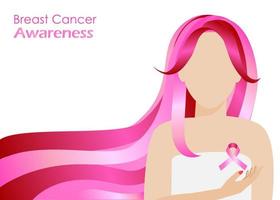 femme avec ruban rose symbole du mois de sensibilisation au cancer de la brease. vecteur
