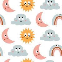 motif transparent coloré d'icônes de dessin animé drôle soleil, nuage, lune et arc-en-ciel isolé sur fond blanc. illustration de personnages vectoriels mignons vecteur